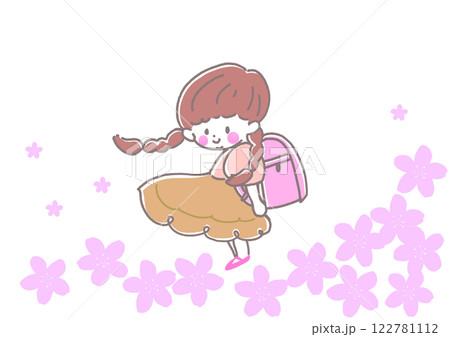 ピンクのランドセルを背負い、笑顔でこちらを見るおさげの女の子 入学式 桜 4月 春 ピンクのランドセルを背負い、笑顔でこちらを見るおさげの女の子 入学式 桜 4月 春 122781112