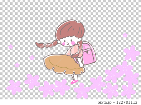 ピンクのランドセルを背負い、笑顔でこちらを見るおさげの女の子 入学式 桜 4月 春 ピンクのランドセルを背負い、笑顔でこちらを見るおさげの女の子 入学式 桜 4月 春 122781112