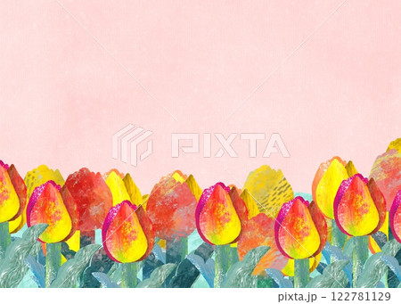 たくさんのカラフルなチューリップが咲いた鮮やかな背景イラスト たくさんのカラフルなチューリップが咲いた鮮やかな背景イラスト 122781129