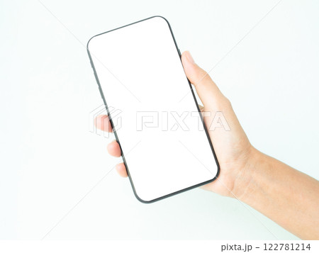 Mockup Mobile Hand Holding, Woman hold Smartphone White Screen Cell Display Smart Tuch Empty Template Showing AI Product Presentation Promotion Digital, Blank Telephone Pad Wifi Technology Shopping. Mockup Mobile Hand Holding, Woman hold Smartphone White Screen Cell Display Smart Tuch Empty Template Showing AI Product Presentation Promotion Digital, Blank Telephone Pad Wifi Technology Shopping. 122781214