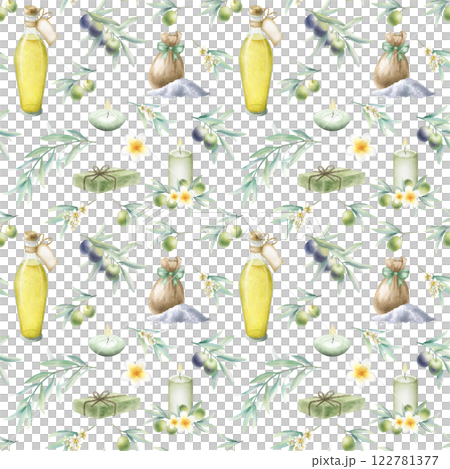 Olive oil in glass bottle, soap aleppo, sea salt scattered and in sack, candles, frangipani flowers and olive branches. Hand drawn watercolor isolated seamless pattern for package, spa salon design. Olive oil in glass bottle, soap aleppo, sea salt scattered and in sack, candles, frangipani flowers and olive branches. Hand drawn watercolor isolated seamless pattern for package, spa salon design. 122781377