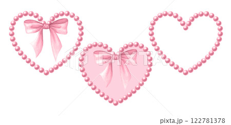Heart shape frame made of pastel pink beads with bow. Coquette core, girly and lady style. Watercolor hand drawn isolated illustration set of delicate trendy accessories for wedding, cutecore design. Heart shape frame made of pastel pink beads with bow. Coquette core, girly and lady style. Watercolor hand drawn isolated illustration set of delicate trendy accessories for wedding, cutecore design. 122781378