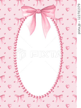 Vertical postcard template with pink beads, hearts, bows and oval necklace, A4. Coquette core. Watercolor isolated hand draw illustration with copy space for text. Romantic invitation, wedding design. 122781379