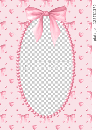 Vertical postcard template with pink beads, hearts, bows and oval necklace, A4. Coquette core. Watercolor isolated hand draw illustration with copy space for text. Romantic invitation, wedding design. 122781379