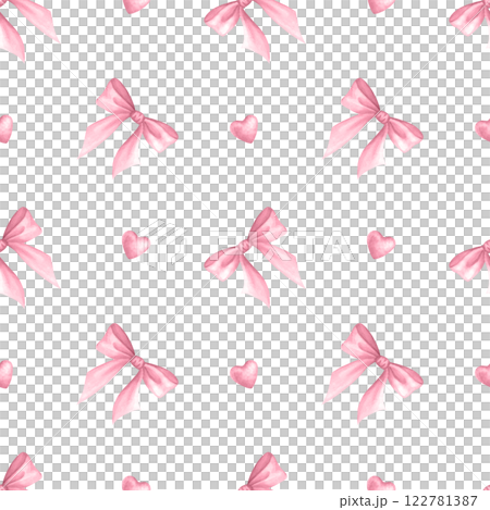 Coquette Bows and hearts in pastel pink color. Isolated watercolor seamless pattern hand drawn for cutecore, girls style, romantic greeting design, textile, wrapping, fabric and scrapbooking paper. 122781387