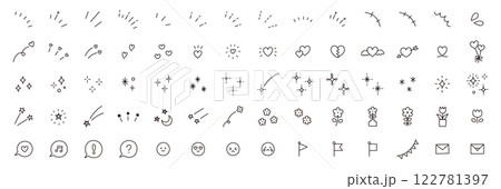 かわいいアイコンセットのベクターイラスト。飾り、ハート、シンプル、星、集中線 122781397