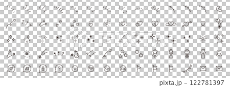 かわいいアイコンセットのベクターイラスト。飾り、ハート、シンプル、星、集中線 122781397