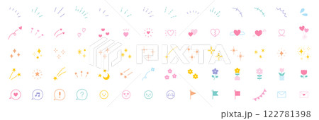 かわいいアイコンセットのベクターイラスト。飾り、ハート、シンプル、星、集中線 122781398