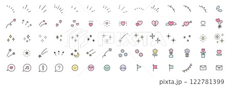 かわいいアイコンセットのベクターイラスト。飾り、ハート、シンプル、星、集中線 122781399