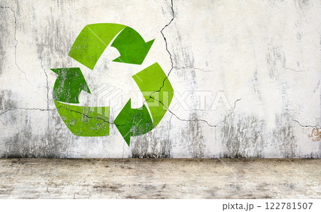 Arrows recycle symbol on old stucco wall and concrete floor. Rugged weathered urban wall backdrop. Eco-friendly, zero waste, responsible consumption, stop pollution concept. 3d render Arrows recycle symbol on old stucco wall and concrete floor. Rugged weathered urban wall backdrop. Eco-friendly, zero waste, responsible consumption, stop pollution concept. 3d render 122781507