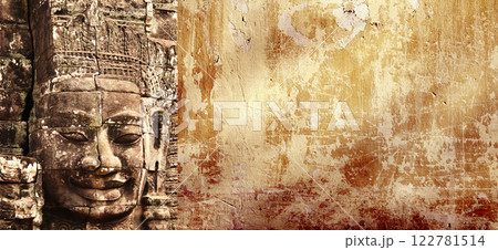 Horizontal background with ancient bas-relief with king face. Horizontal banner with stone ornament of khmer culture, Angkor, Cambodia. Mock up template. Copy space for text 122781514