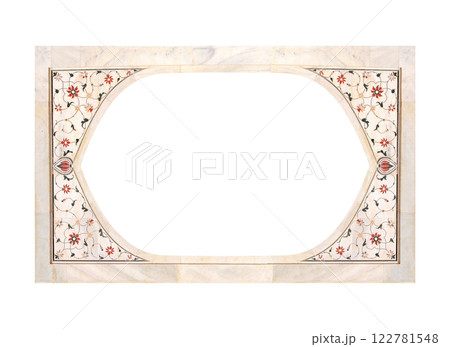 Frame with ancient carved floral decor on marble wall. Vertical or horizontal border with floral ornament. Mock up frame template. Copy space for text. Isolated on white background 122781548