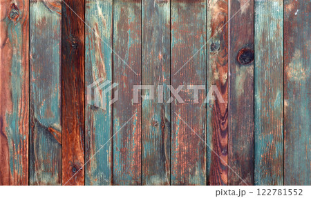 Texture of vintage wood boards with cracked paint of brown and blue color. Horizontal retro background with old wooden planks of different colors 122781552