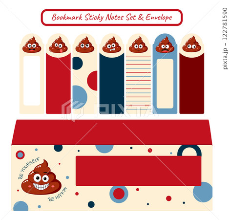 Bookmark Sticky Notes Set and Envelope with funny poo characters. Kawaii Adhesive Tags collection for children. Cartoon sticky note element with cartoon poop. Vector Illustration EPS8 122781590