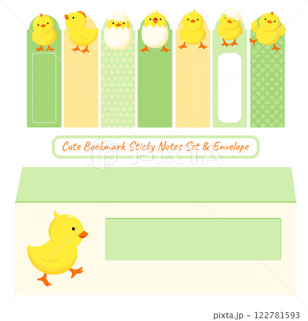 Cute Easter Bookmark Sticky Note Set and Envelope. Kawaii Adhesive Tags collection for children. Sticky note element with chicken. Perfect for reminders, planning and nursery organization. Vector EPS8 122781593