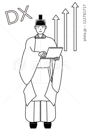 DXのイメージ、業務改善に成功した神社の神主、冠と斎服姿 122781717