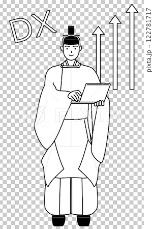 DXのイメージ、業務改善に成功した神社の神主、冠と斎服姿 122781717