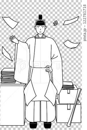 片付かない業務にうんざりする神社の神主、冠と斎服姿 122781718