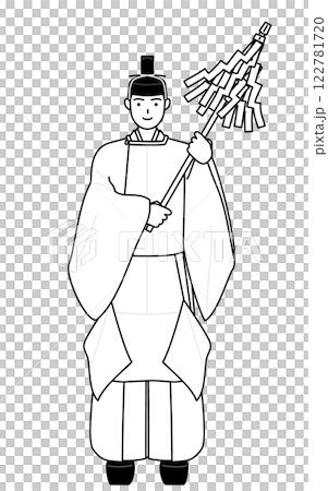 御祈祷する神社の神主、冠と斎服姿 122781720
