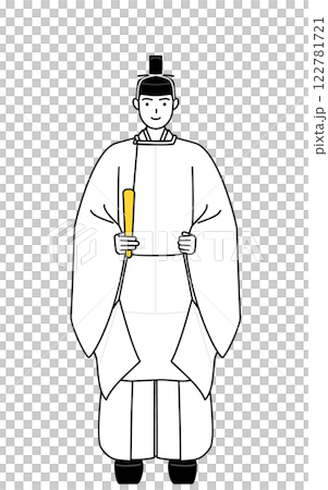 笏を持つ神社の神主、冠と斎服姿 122781721