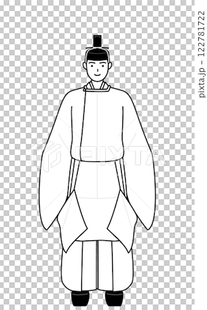 正面を向いた神社の神主、冠と斎服姿 122781722