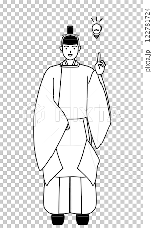 アイデアを思いついた神社の神主、冠と斎服姿 122781724