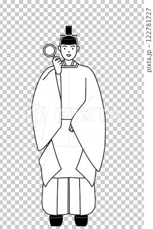 虫メガネを持って腰に手を当てる神社の神主、冠と斎服姿 虫メガネを持って腰に手を当てる神社の神主、冠と斎服姿 122781727