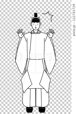 驚いて手を上げる神社の神主、冠と斎服姿 122781729