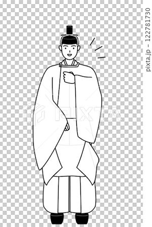 胸を叩く神社の神主、冠と斎服姿 胸を叩く神社の神主、冠と斎服姿 122781730