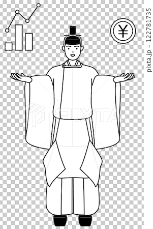 一位戴著王冠、穿著禮服的神道教神父介紹了 DX 以及它如何提高業務績效和銷售額。 122781735