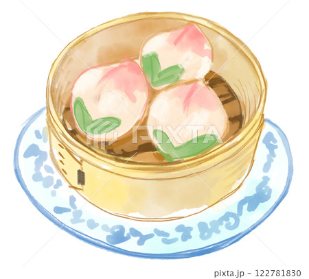 美味しそうな桃まんのリアルな水彩イラスト 122781830