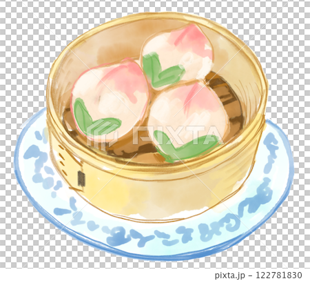 美味しそうな桃まんのリアルな水彩イラスト 122781830
