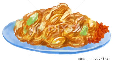 美味しそうな焼きそばのリアルな水彩イラスト 122781831