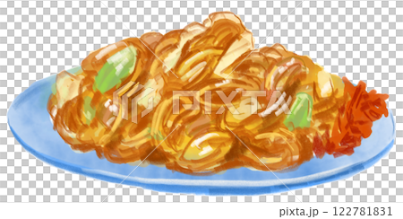 美味しそうな焼きそばのリアルな水彩イラスト 122781831