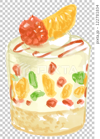 逼真的水彩畫，描繪出美味的水果慕斯蛋糕 122781834