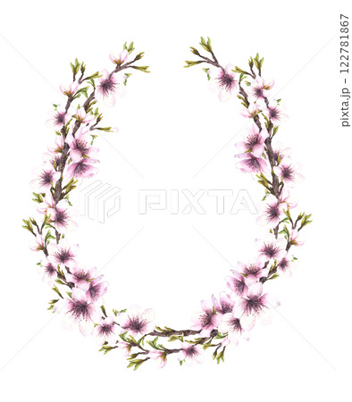 Almond tree spring branch with leaves, buds and flowers. Botanical wreath, oval frame. Watercolor illustration hand drawn floral clipart. Template for card, cosmetic label Isolated from background. 122781867