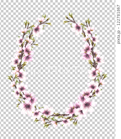 Almond tree spring branch with leaves, buds and flowers. Botanical wreath, oval frame. Watercolor illustration hand drawn floral clipart. Template for card, cosmetic label Isolated from background. 122781867