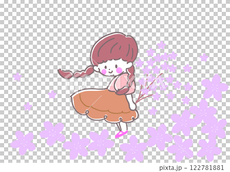 一位身穿馬尾裙的女孩微笑著，手捧一束櫻花。 122781881