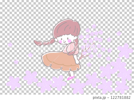 一位身穿馬尾裙的女孩微笑著，手捧一束櫻花。 122781882