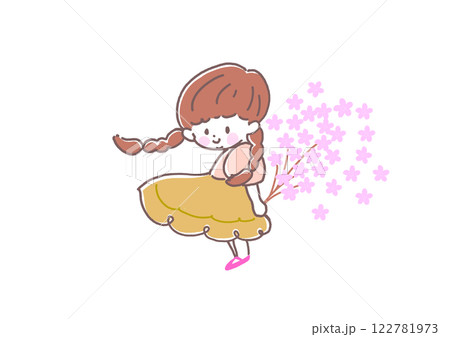桜のブーケを持ちこちらを見て微笑むスカートのおさげの女の子 春 4月 背景桜 桜のブーケを持ちこちらを見て微笑むスカートのおさげの女の子 春 4月 背景桜 122781973