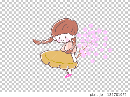 桜のブーケを持ちこちらを見て微笑むスカートのおさげの女の子 春 4月 背景桜 桜のブーケを持ちこちらを見て微笑むスカートのおさげの女の子 春 4月 背景桜 122781973