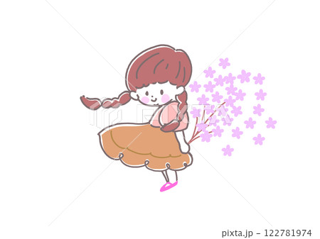 桜のブーケを持ちこちらを見て微笑むスカートのおさげの女の子　春　4月　背景桜 122781974