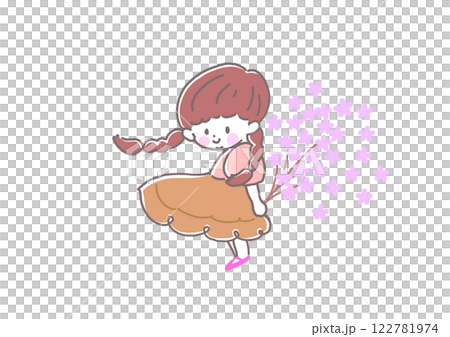 桜のブーケを持ちこちらを見て微笑むスカートのおさげの女の子　春　4月　背景桜 122781974