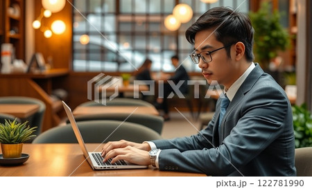 カフェでリモートワークをしている男性 122781990