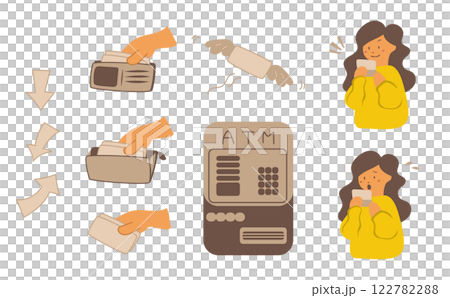 ATMと財布や通帳をみている女性のイラスト 122782288