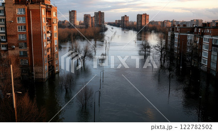 city partially submerged in floodwaters with buildings and trees 122782502
