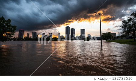 city skyline half submerged in floodwaters under dark clouds and sunset 122782510