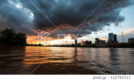 city skyline partially submerged in floodwaters under dark clouds 122782511