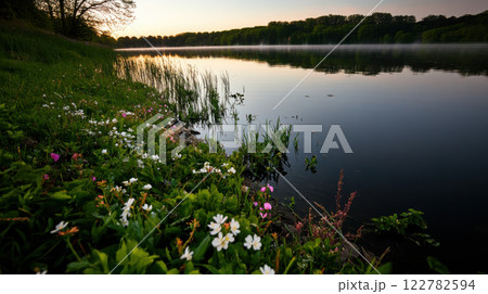 serene lake at sunrise, surrounded by vibrant spring flowers and greenery serene lake at sunrise, surrounded by vibrant spring flowers and greenery 122782594