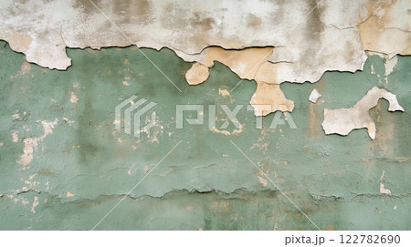 Old weathered green wall with peeling paint and plaster showing underlying layers 122782690